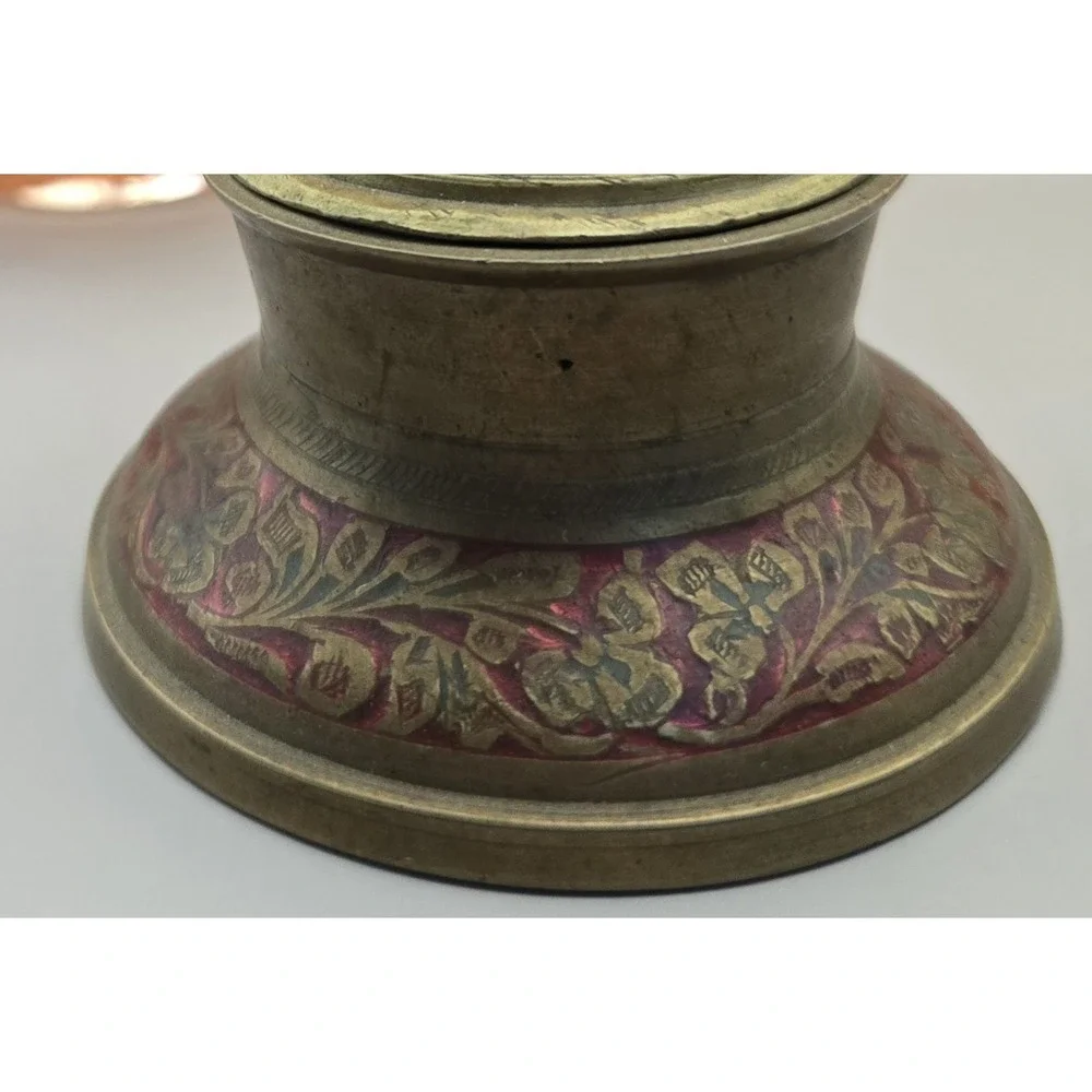 1940s Solid Brass Elephant Claw Bell Red & Green Inlayed Floral Pattern 2 Pieces
